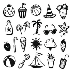 Fototapeta premium Summer Doodle Icon Set, Hand Drawn Black and White Collection