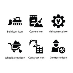 Bulldozer, Cement, Maintenance, Wheelbarrow, Construct, Contractor, Black Icon Set