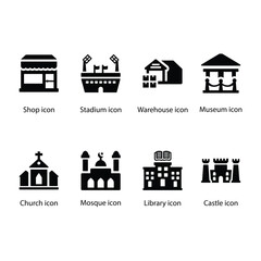 Fototapeta premium Shop, Stadium, Warehouse, Museum, Church, Mosque, Library, Castle, Black Icon Set