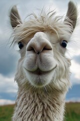 Fototapeta premium An adorable white alpaca smiles in a vast open field, radiating charm and warmth in natural surroundings.