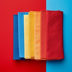 A collection of colorful fabric sheets elegantly arranged, showcasing reds, yellows, and blues harmoniously.