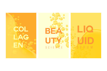 Aesthetic beauty liquid gold oil texture poster set with collagen serum with flowing molecule bubbles cosmetics design. Nude yellow background with copy space. Beauty science, skin care, cosmetology