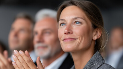 Obraz premium Successful presentation conclusion with engaged businesspeople clapping in auditorium, business conference, corporate applause, professional clapping, audience reaction, seminar crowd, successful 