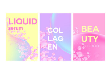 Aesthetic iridescent glowing liquid bubbles texture poster set with serum fluid molecule cosmetics design. Nude pink, light yellow background with copy space. Beauty science, skin care, cosmetology