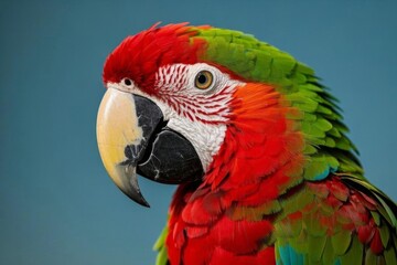 Obraz premium araffy parrot with a red and green feathers and a blue background