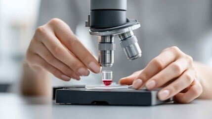 A scientist carefully uses a microscope to examine a sample in a laboratory setting. Focus is on the specimen in a clear container on a glass slide.
