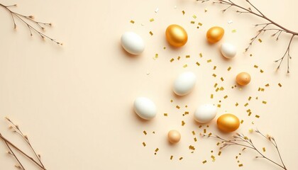 Fototapeta premium Elegant Golden and White Easter Eggs with Confetti on a Beige Backdrop – A Chic Holiday Celebration Display