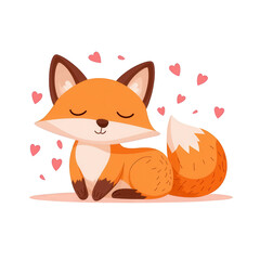 Obraz premium Cute cartoon fox with closed eyes, surrounded by hearts, conveying love and affection. Perfect for children's products and pet-themed designs.