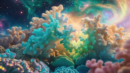 Vibrant coral structures emerge in an abstract depiction, surrounded by a swirling cosmic environment. Unique colors and textures create an inviting, otherworldly atmosphere