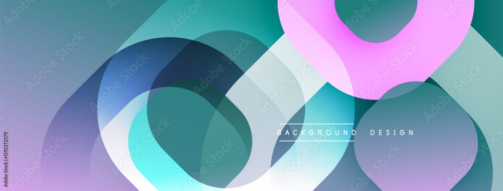 Poster Abstract composition. Overlapping circles create dynamic gradient effect. Purple, teal, blue hues blend seamlessly. Modern design element.
