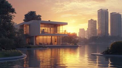 Fototapeta premium Modern house by lake at sunset with city skyline in background