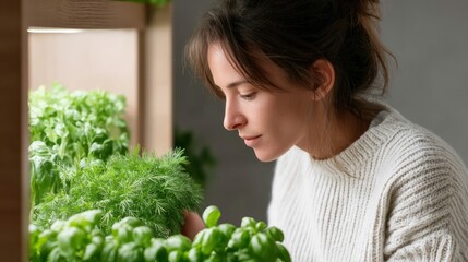 A woman examines fresh herbs growing indoors. She gently touches the leaves, appreciating the vibrancy of the basil and dill.