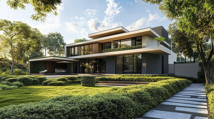 Contemporary house with natural green privacy hedge and lush garden