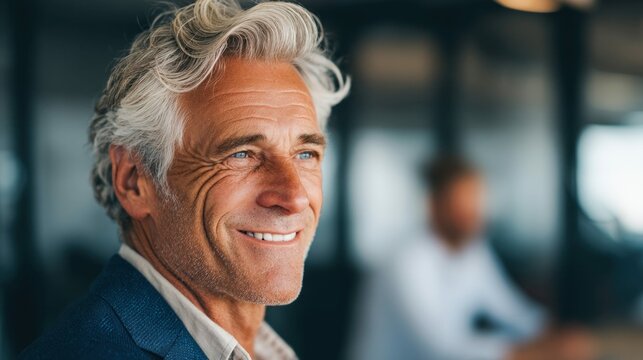Portrait of a mature, distinguished man smiling with gentle eyes, set against a softly blurred background, enjoying a moment of thought.