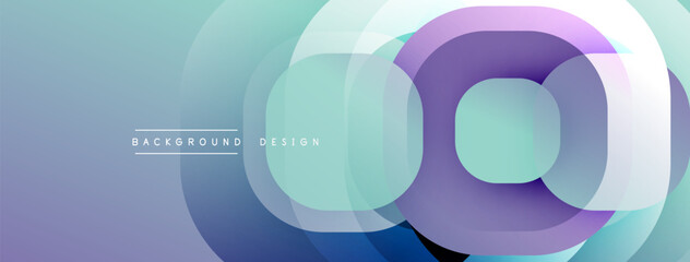 Abstract design featuring overlapping translucent circles. Colors include purple, blue, green, white. Modern aesthetic, smooth gradients, simple composition.