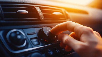 Obraz premium Hand adjusting car air conditioning dial during sunset drive, warm glow in background