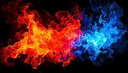 Fototapeta premium Red and blue flames colliding on black background. Abstract energy clash of fire and ice with dynamic motion, contrast, and dramatic light