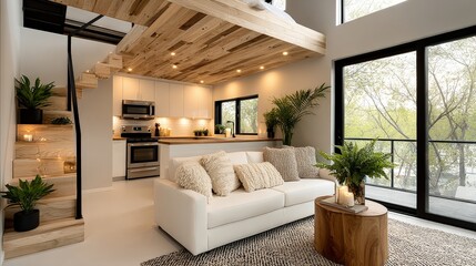 Obraz premium Modern Minimalist Architecture, Cozy modern interior of a small house featuring a loft, minimalist decor, and warm lighting, relaxation and comfort.