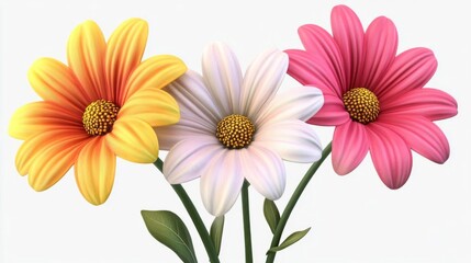 Vibrant Trio of Flowers: Pink, White, and Yellow Blooms in Full Bloom