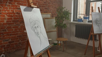 Shot of modern art class room, canvas with female pencil sketch portraits stand on easels and antique woman head model statue.
