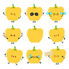 Various cartoon yellow bell peppers expressing different moods and actions in a cute and funny way.