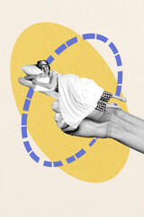 Trend artwork 3D collage sketch of symbol body language finger sign showing young woman smile lying...