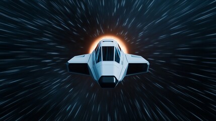 Futuristic spaceship approaching glowing wormhole surrounded by energy waves deep space travel concept