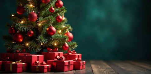 Ornate tree, deep red ornaments, piled presents , gift wrap, Christmas, glowing