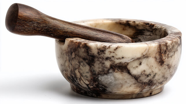 Experience Culinary Charm with a Marble Mortar and Pestle Isolated on a Crisp White Backdrop