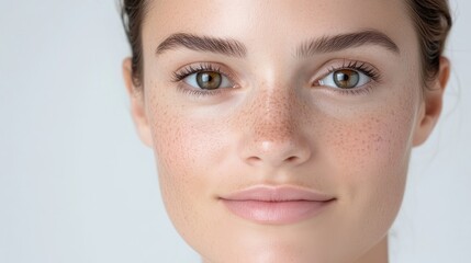 Obraz premium Close-up portrait of a woman with natural, healthy-looking skin. Light freckles are visible on her face. She has a pleasant, confident expression