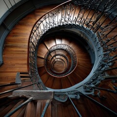 Fototapeta premium Spiral staircase with ornate railing. Wooden steps, dark and elegant