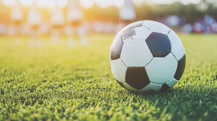 Obraz premium Soccer Ball on Lush Green Field: Sport, Game, Play, Athletics, Recreation, Fitness, Outdoors, Grass, Sunlight, Activity