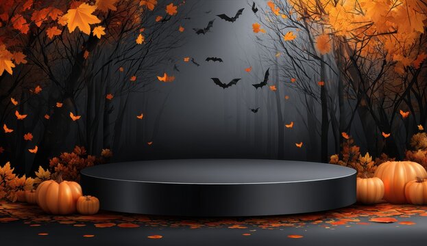 Spooky Autumn Stage: A dark and alluring stage is set for a Halloween-themed presentation or display, surrounded by autumn foliage, pumpkins, and silhouetted bats.