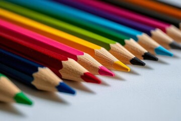 a close up of a row of colored pencils on a white surface