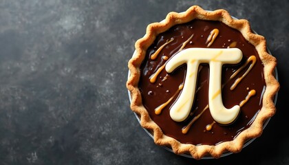 Chocolate pie with pi symbol on black background. Tasty dessert pastry with sweet caramel decoration for Pi Day, mathematic holiday celebration. Bakery food.