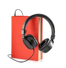red hardcover book and black headphones stand out against a transparent background.