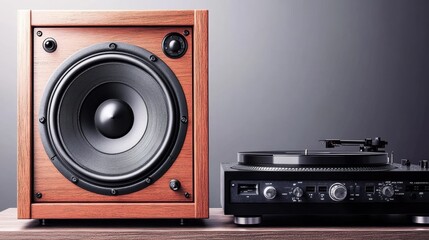 Fototapeta premium Modern Audio Setup with Wooden Speaker and Turntable