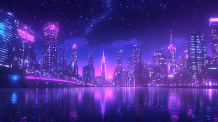 Fototapeta premium Futuristic City Nightscape Neon Lights Skyline Reflection Water