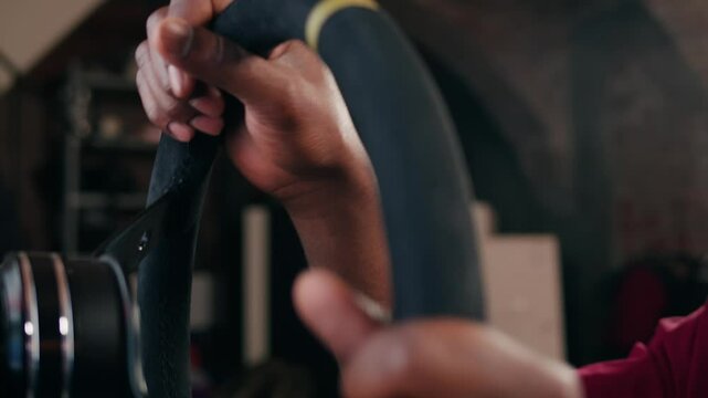Gamers are playing racing games on a car simulator with a steering wheel background, race drive simulator driving school classes. 