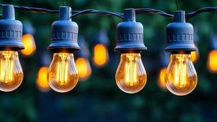 Glowing string of Edison light bulbs with warm light and green foliage in the background adds ambiance and creates a festive mood for outdoor gatherings