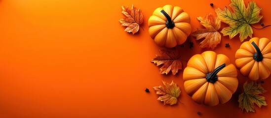 Autumn's Warm Embrace: A vibrant composition of pumpkins and autumnal leaves, symbolizing the essence of harvest season. The image is a perfect visual representation of the fall atmosphere.