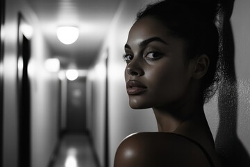 A striking portrait of a young woman glancing back over her shoulder in a long, dimly lit corridor conveys a haunting sense of intrigue and emotional depth in the frame.