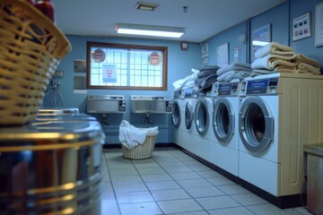 Laundry room with a basket of dirty clothes placed beside washing machines for cleaning