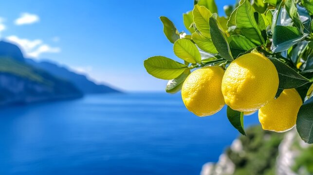 Sunlit Amalfi Coast cliffs with lemon trees and sparkling blue sea dreamy southern Italy background 