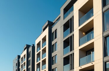 Modern architecture building facade with balconies, windows against clear blue sky. High-rise residential apartments, urban real estate development in city. New home apartments, accommodation.