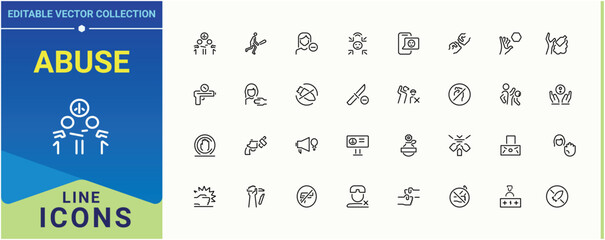 Abuse line icon. Contains outline symbols like man, harassment, victim, crime and more. Violence linear icon collection. Minimalist linear icons. Editable vector illustration.