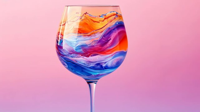 Elegant wineglass filled with vibrant colorful swirl of paint against a soft pink backdrop