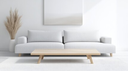 Modern minimalist living room with a neutral color palette.  A light gray sofa, light wooden coffee table, and a large blank canvas wall art piece create a serene and simple space. 