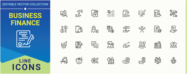 Business Finance related icon. Includes symbols for market, accounting, finance, currency, exchange, business, bank and more. Finance And Business icon. Set of line pictogram. Vector illustration.