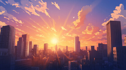 Stunning Cityscape at Sunset Vibrant Orange Sky over Modern Buildings